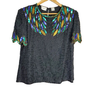Vintage 80s Denise Elle Silk Beaded Sequins Black Peacock Evening Blouse Large